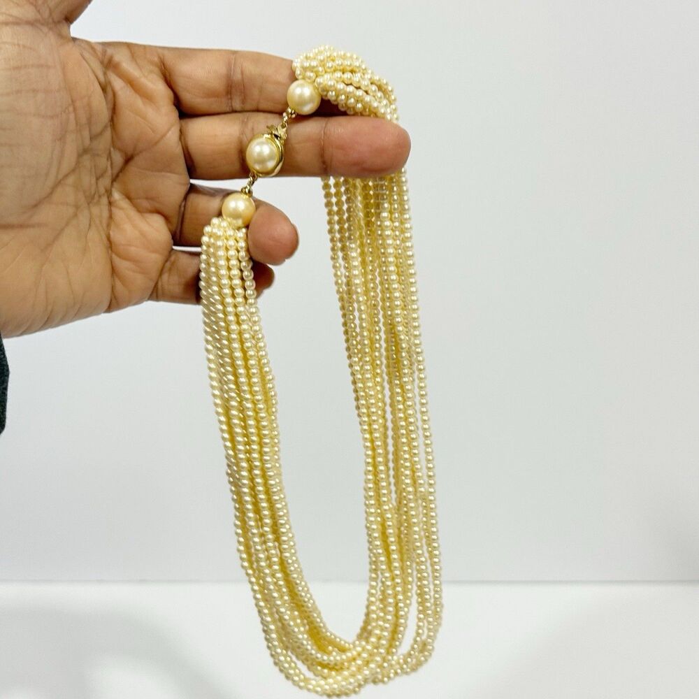Vintage 10-Strand Faux Pearl Necklace with Patented Gold-Tone Clasp - Picture 5 of 16